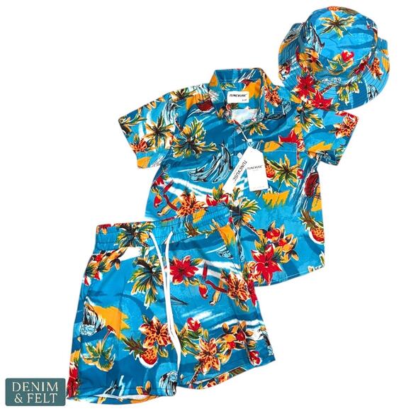 Tunevuse Boys Hawaiian 3pc Cabana Set Shirt Shorts Hat Blue Floral Outfit NEW - Picture 7 of 9
